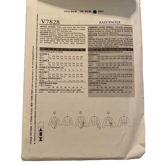 Sewing Pattern Vogue V7828 Fitted Wrap Blouse 12 14 16 - Picture 6 of 7